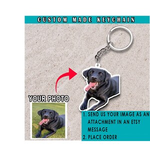 May include: Custom made keychain featuring a black dog with its tongue sticking out. The keychain is made of clear acrylic and has a silver metal ring. The image shows a black dog with its tongue sticking out. The text "SEND US YOUR IMAGE AS AN ATTACHMENT IN AN ETSY MESSAGE" and "PLACE ORDER" is visible on the image.