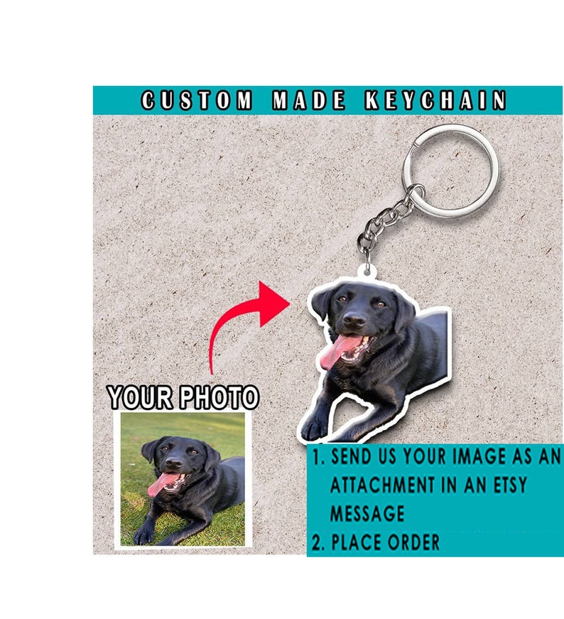 May include: Custom made keychain featuring a black dog with its tongue sticking out. The keychain is made of clear acrylic and has a silver metal ring. The image shows a black dog with its tongue sticking out. The text "SEND US YOUR IMAGE AS AN ATTACHMENT IN AN ETSY MESSAGE" and "PLACE ORDER" is visible on the image.