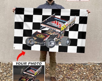 Sprint Car Racing Personalized Photo Checkered Flag, Custom Sprint Car Racing Team Wall Decor, Unique Gift For Sprint Car Racer