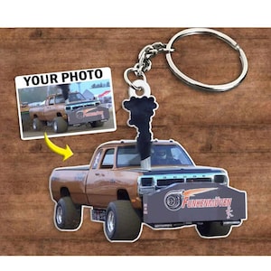 May include: A brown and black truck keychain with a black smoke plume. The keychain has a silver keyring and a small photo insert that says "YOUR PHOTO". The truck has the text "FUNKENMÜVEN" on the front.