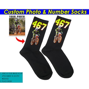 Dirt Bike Lovers Gift For MX Riders Motocross Personalized Photo & Number Socks, ATV UTV Quad Bike Racing, Endurocross, Sport Bike (BK311)