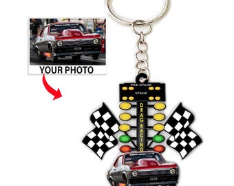 Drag Racing Personalized Keychains, Super Stock Car, Gift For Drag Racers, Hot Rod, Dragster, Dragbike, Drag Racing Team (DragtreeCheckered)