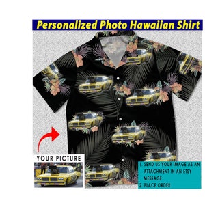 May include: A black Hawaiian shirt with a tropical print of yellow cars and green palm leaves. The shirt has a white collar and buttons. The image also shows a close-up of a yellow car with a black engine. The text "SEND US YOUR IMAGE AS AN ATTACHMENT IN AN ETSY MESSAGE" and "PLACE ORDER" is visible on the image.