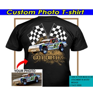 Late Model Car Dirt Track Racer Personalized Photo T-shirt, Sprint Car Racing, Midget Racing Car, Dirt Kart Racing (On the back) (DIR4V2)