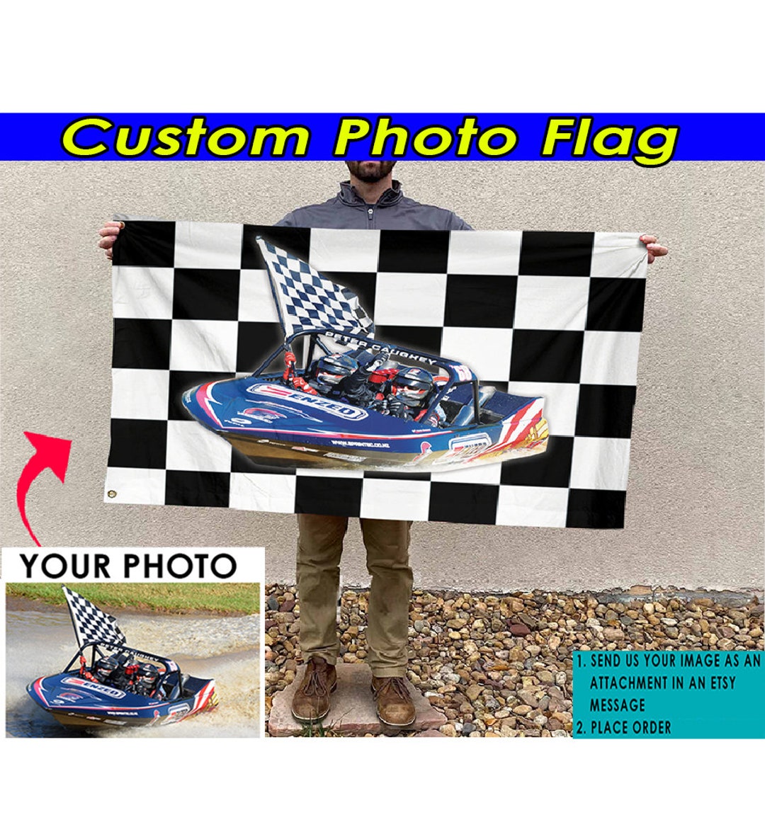 Drag Boat Motorboat Personalized Racing Checkered Flag, Unique Gifts