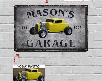 Hot Rod Personalized Photo & Text Metal Signs, Unique Gift For Hot Rodders, Custom Classic Vintage Street Rod Hot Rod Garage Decor (Gara2)