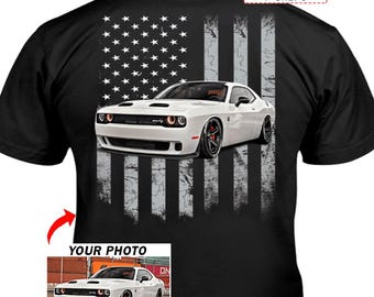 T-shirt photo personnalisé Muscle Car, cadeaux personnalisés uniques pour les amateurs de voitures, propriétaires de muscle cars, T-shirt drapeau des États-Unis (au dos) (BK5)