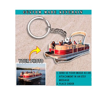 May include: Custom made keychain featuring a red and gray pontoon boat with people on board.  Send your image as an attachment in an Etsy message and place your order.