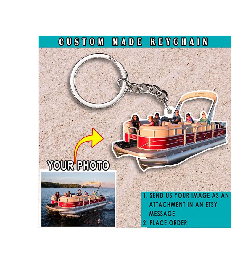 May include: Custom made keychain featuring a red and gray pontoon boat with people on board.  Send your image as an attachment in an Etsy message and place your order.