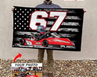 Go-kart Karting Racing Personalized Photo & Number American Flag, Custom Kart Racing Decor, Unique Gift For Go-kart Racer (AME-BK311)