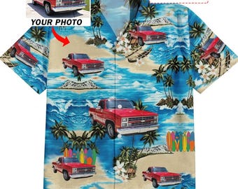 Camisas hawaianas personalizadas con foto de camioneta antigua, camisas tropicales Aloha clásicas vintage personalizadas con camioneta (HAW2)