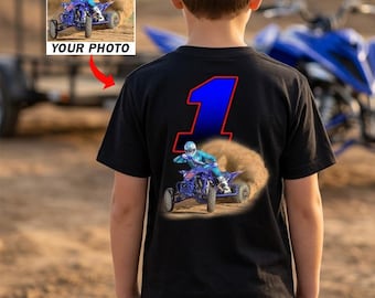 Quad Bike ATV Racing Kids Gift Personalized Photo & Number T-shirt, Custom ATV Racer Kids, 4 Wheeler Kids Gifts (On The Back) (BK311)