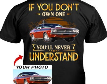 T-shirt photo personnalisé cool de voiture de sport, cadeau unique pour les amateurs de voitures de poney, t-shirts photo de voiture de sport personnalisés (au dos) (BK312)