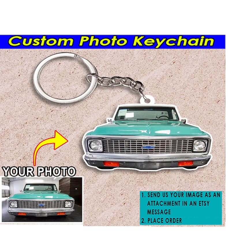 May include: A teal blue custom photo keychain featuring a vintage pickup truck.  The keychain is made of durable acrylic and can be personalized with your own photo.  Send us your image as an attachment in an Etsy message and place your order.