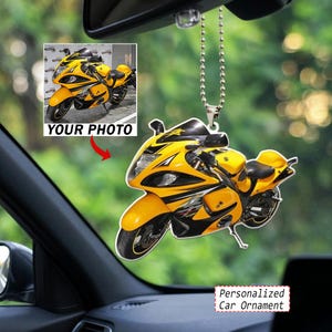 May include: A yellow and black motorcycle car ornament hanging from a silver ball chain. The ornament features a detailed graphic of a sport bike. The text "YOUR PHOTO" appears above an inset image of the same motorcycle, and "PERSONALIZED Car Ornament" is printed below.