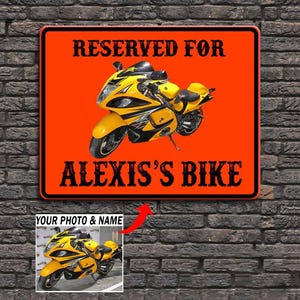 Gepersonaliseerde sportfiets motorfiets bedrukte metalen borden, cool cadeau voor sportfietsers, aangepaste foto en naam motorgaragebord decor (RESE)