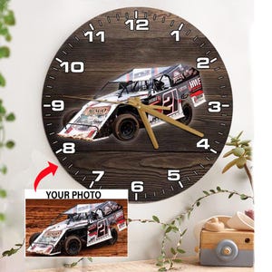 Late Model Car Dirt Track Racing Personalized Wooden Wall Clock, Unique Gifts For Dirt Track Racers, Unique Dirt Track Racing Garage Decor