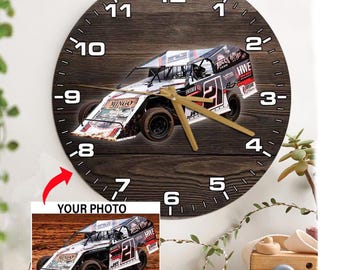 Late Model Car Dirt Track Racing Personalized Wooden Wall Clock, Unique Gifts For Dirt Track Racers, Unique Dirt Track Racing Garage Decor