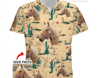 騎手への贈り物 馬のパーソナライズ写真入りハワイアンシャツ、競馬、レイニングホース、ドレッサージュホース、カスタムホースアロハシャツ (HAW1B)