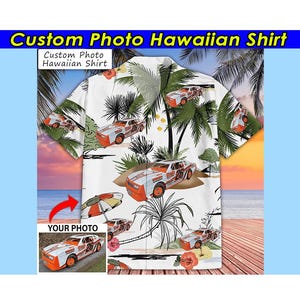 May include: White Hawaiian shirt featuring a custom photo design. The shirt showcases a vibrant print of race cars, palm trees, and tropical flowers. The shirt has short sleeves and a button-down front. The text "Custom Photo Hawaiian Shirt" is visible.