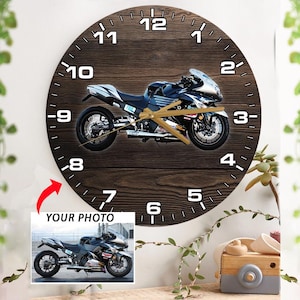 Cool Biker Gifts Motorcycle Personalized Wooden Wall Clock, Unique Gift For Bikers Motorbike Riders, Sport Bike, Superbike Garage Wall Decor