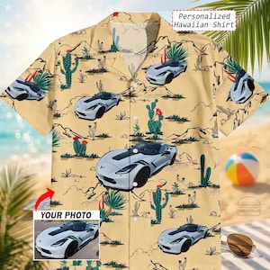 May include: A yellow Hawaiian shirt with a desert landscape and white sports car pattern. The shirt has short sleeves and a button-down front. The text "Personalized Hawaiian Shirt" is visible.