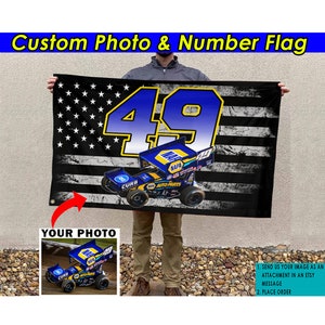 Sprintwagen Dirt Track Racing Gepersonaliseerde foto en nummer Amerikaanse vlag, aangepaste racevlag, miniatuurauto, late modellen, skelter (AME-BK311)