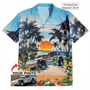 May include: A short-sleeved button-down shirt featuring a tropical sunset scene with palm trees, hibiscus flowers, and a race car with the number 67. A small inset box shows the same car with the text YOUR PHOTO and Personalized Hawaiian Shirt.