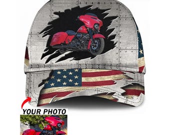 Personalizowane czapki baseballowe American Biker Motorcycle, wyjątkowy prezent dla motocyklistów, spersonalizowane czapki z klasycznym zdjęciem motocykla (BK472)