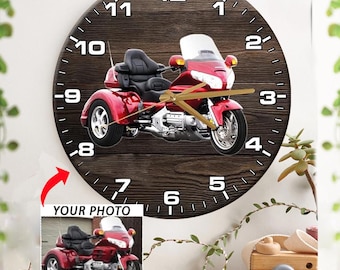 Trike Motorcycle Personalized Photo Wooden Wall Clock, Gift For Trike Lovers, 3 Wheel Motorcycles, Triker Grandpas, Triker Grandmas Gifts