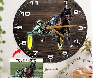 ハーネスレースのギフト、馬の写真入り木製壁掛け時計、馬好き、馬主、乗馬愛好家、騎手へのユニークなギフト