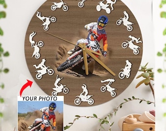 Motocross MX Rider Dirt Biker Personalized Photo Wooden Wall Clock, Custom Unique Gift For Motocross Lovers, Motocross Art Decor (BK501)