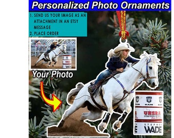 Adorno fotográfico personalizado de caballo de carreras de barriles, regalos personalizados para amantes de los caballos, regalos únicos para amantes de los caballos, adornos acrílicos.