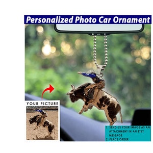 Adorno personalizado para coche con temática de monta de toros, regalos únicos para amantes de la monta de toros, jinetes de toros, vaqueros, regalos para toros salvajes, adorno de jinete de toros.