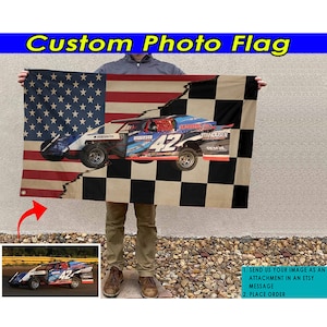 ダートトラック レーシング パーソナライズ写真 チェッカーフラッグ、カスタム レーシング フラッグ、後期モデル車、ミジェット車、ゴーカート、ストックカー レーシング フラッグ (ミックス)