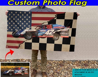 Dirt Track Racing Personalized Photo Checkered Flag, Custom Racing Flag, Late Models Car, Midget Car, Go kart, Stock Car Racing Flag (Mixed)