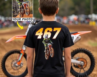 Dirt Bike Motocross Racing Gift For MX Rider Kids Personalized Photo & Number T-shirt, Custom Motocross Racer Kids (On The Back) (BK311)