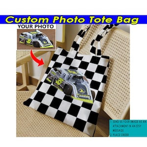Late Model Car Dirt Track Racing Personalized Photo Checkered Flag Tote Bag, Dirt Track Racers, Drag Racing Gifts, Modified Stock Cars