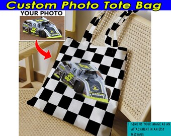 Dernier modèle de voiture de course sur piste, sac fourre-tout personnalisé avec photo drapeau à damier, cadeau unique pour les coureurs sur piste, stock cars modifiés