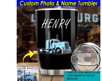 Semi Truck Big Rig Personalized Photo and Name Tumbler, Unique Gifts For Truckers, Gifts For Truck Drivers, Truck Guys Gift (photo&name)