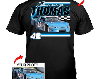 Camiseta personalizada de carreras de autos de serie con foto, nombre y número, regalo único para pilotos de carreras de autos de serie, camiseta personalizada de carreras de autos (en la parte posterior) (BK395)