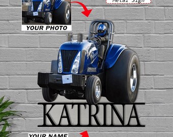 Spersonalizowany metalowy znak z imieniem i zdjęciem „Tractor Pulling”, wyjątkowy prezent dla miłośników traktorów, spersonalizowana dekoracja ścienna z motywem ciągnika (Phona)