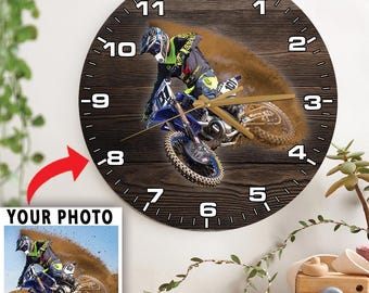 Motocross MX Dirt Bike Personalized Photo Wooden Wall Clock, Unique MX Riders Gifts, Custom Motocross Gifts For Dirt Bikers