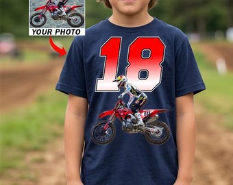 Dirt Bike Motocross Racing Gift For MX Riders Kids Personalized Photo & Number T-shirt, Custom MX Racing Team T-Shirts For Kids (BK311)