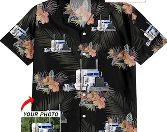 Maglietta hawaiana personalizzata con foto di camionista e autista di camion, maglietta tropicale Aloha personalizzata con foto di semirimorchio per camionista (HAW6)