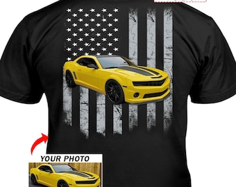 American Muscle Pony Car Personalized Photo T-shirts, Unique Cool Gift For Car Guys, Custom Car Usa Flag T-shirts (On the Back) (BK5)