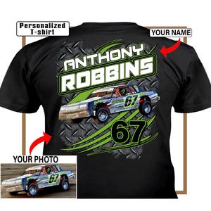 May include: Black t-shirt featuring a race car design with the name "ANTHONY ROBBINS" in white and green. The number "67" is prominently displayed. The shirt includes the text "Personalized T-shirt" and "YOUR NAME".
