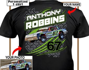 Unique Dirt Track Racer Racing Car Personalized Photo, Number & Name T-shirt, Cool Gifts For Dirt Track Racers (On the Back) (BK543)