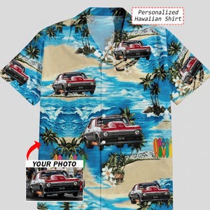 May include: A short-sleeved Hawaiian shirt with a vibrant beach scene featuring red cars, palm trees, and ocean waves. The shirt has a button-down front and a relaxed fit. Text on the shirt reads "Personalized Hawaiian Shirt".
