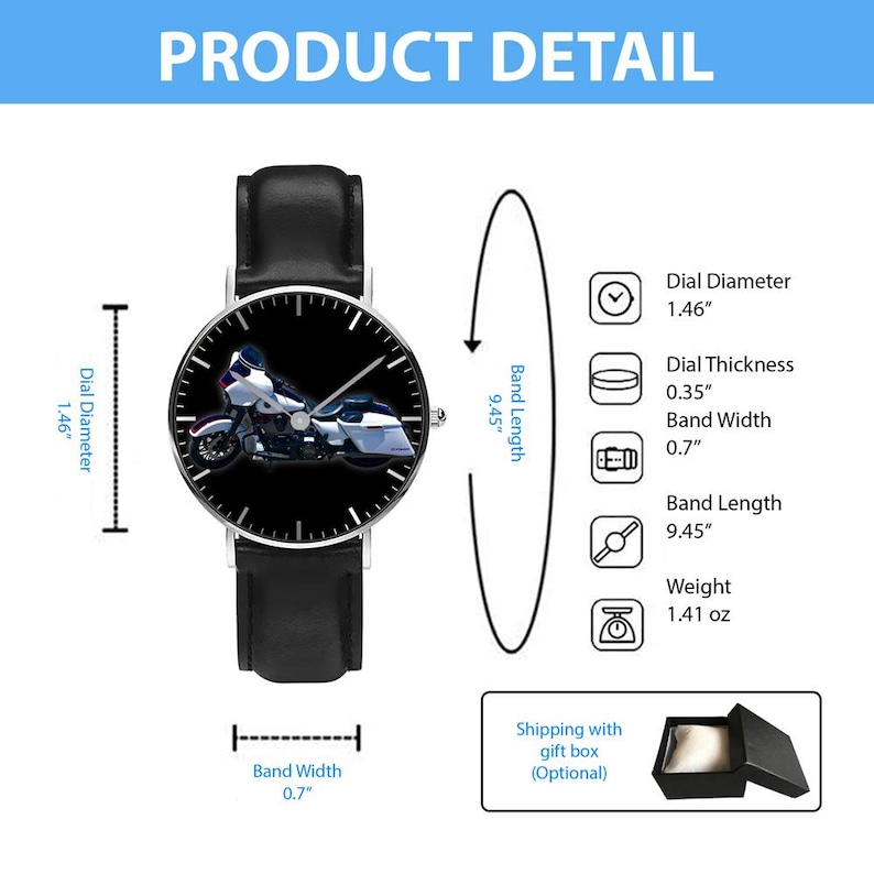 May include: A wristwatch with a black leather strap and a round face featuring a white motorcycle graphic on a black background. The dial diameter is 1.46 inches, thickness is 0.35 inches, band width is 0.7 inches, length is 9.45 inches, and weight is 1.41 ounces.